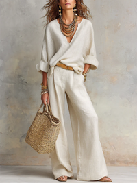 Elira™ | Komfortowy minimalistyczny zestaw z bawełny i lnu z dekoltem V